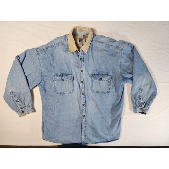 Vintage World Island Outdoor Fleece Lined Shacket Denim Jacket Mens XXL Distress - Picture 11 of 16